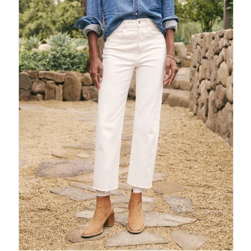 Frank & Eileen Monaghan Mom Jean Sz 32 White Denim Frayed Hem Straight Leg USA